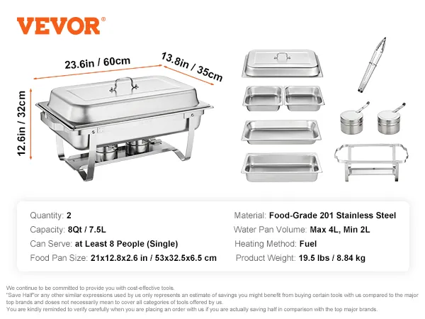 VEVOR chafing dish set made of food-grade 201 stainless steel with 8qt capacity and dimensions shown.