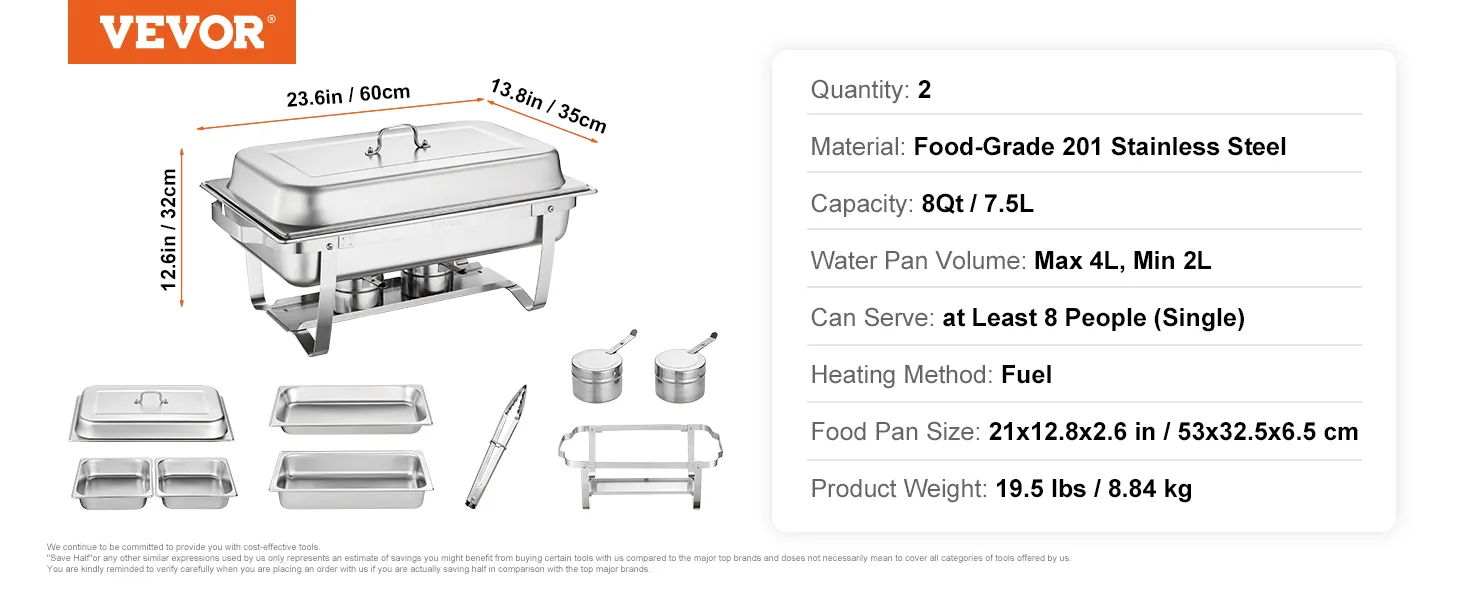 VEVOR chafing dish set made of food-grade 201 stainless steel with 8qt capacity and dimensions shown.