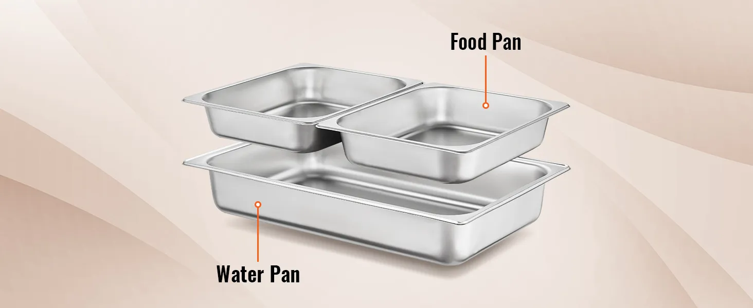VEVOR chafing dish set with labeled food and water pans, perfect for catering and buffet use.