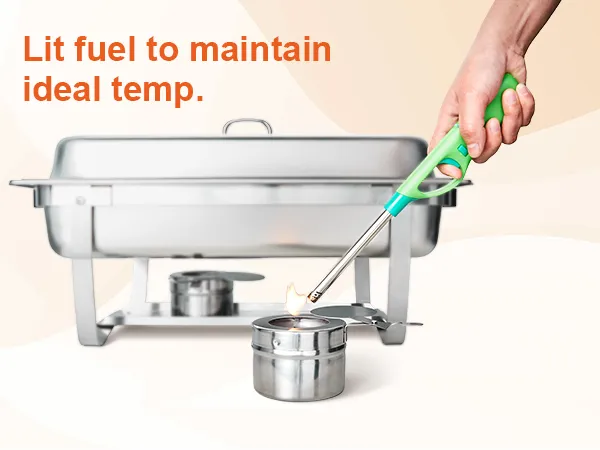 hand lighting fuel under VEVOR chafing dish set to maintain ideal temperature.