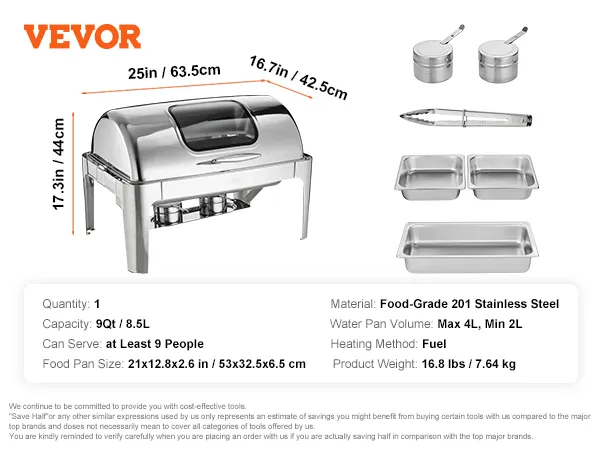 VEVOR chafing dish, food-grade stainless steel, 9qt capacity, fuel heating, can serve up to 9 people.