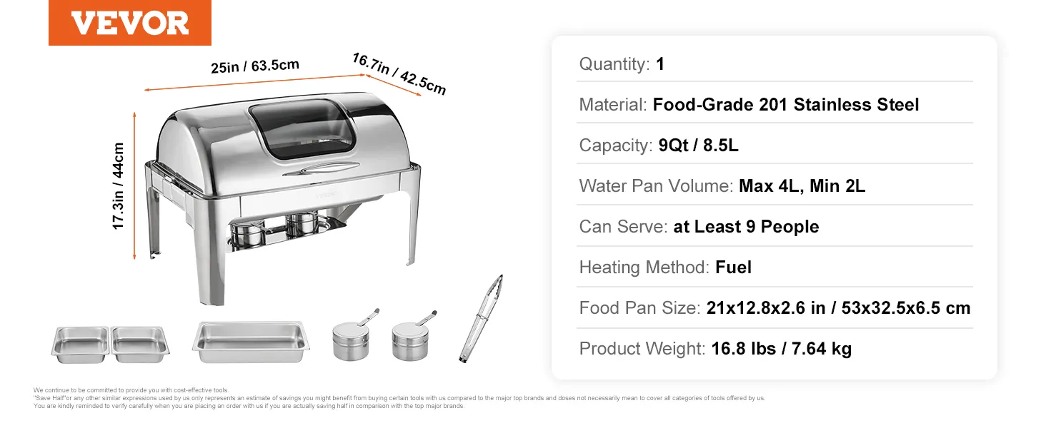 VEVOR chafing dish, food-grade stainless steel, 9qt capacity, fuel heating, can serve up to 9 people.