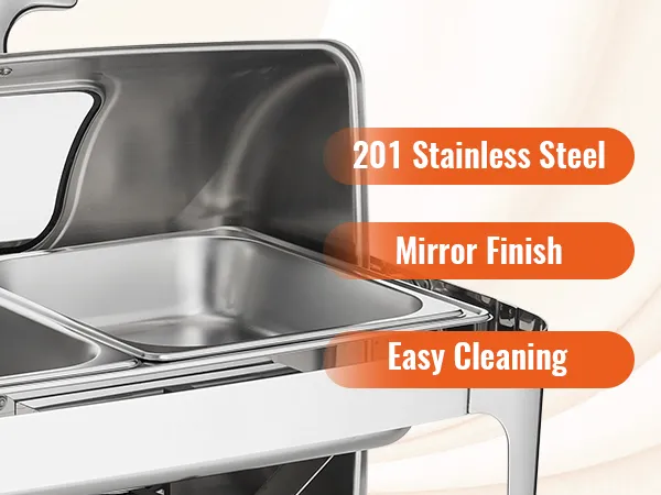 VEVOR chafing dish with 201 stainless steel, mirror finish, and easy cleaning features.