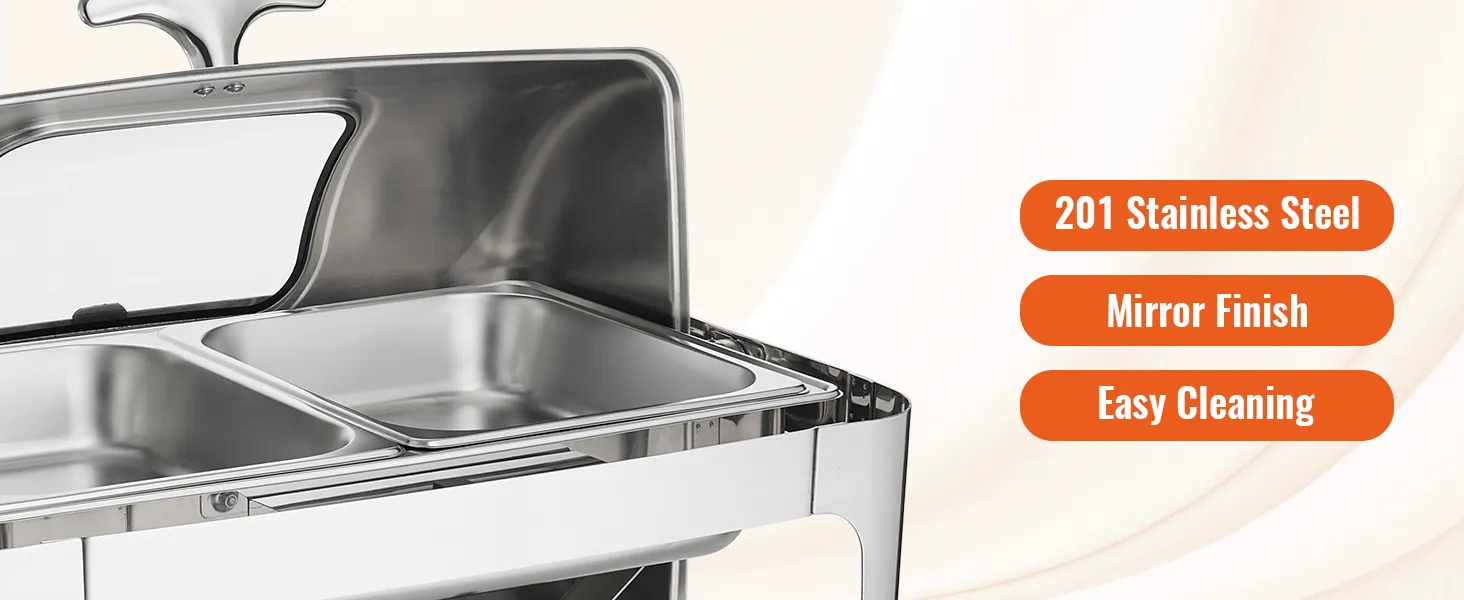 VEVOR chafing dish with 201 stainless steel, mirror finish, and easy cleaning features.