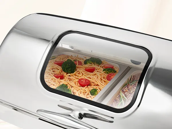 VEVOR chafing dish with pasta, broccoli, and cherry tomatoes in stainless steel food pan.