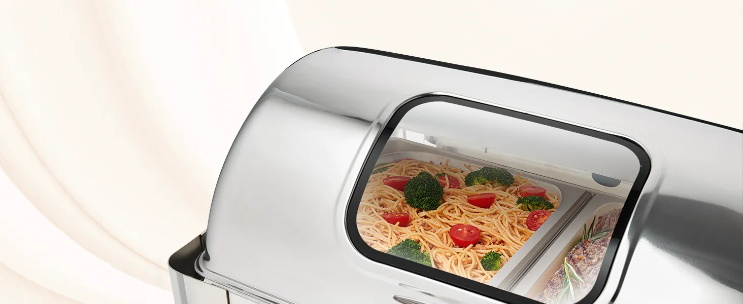 VEVOR chafing dish with pasta, broccoli, and cherry tomatoes in stainless steel food pan.