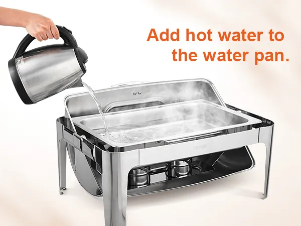pouring hot water into the VEVOR chafing dish water pan, showing steam rising. orange text included.