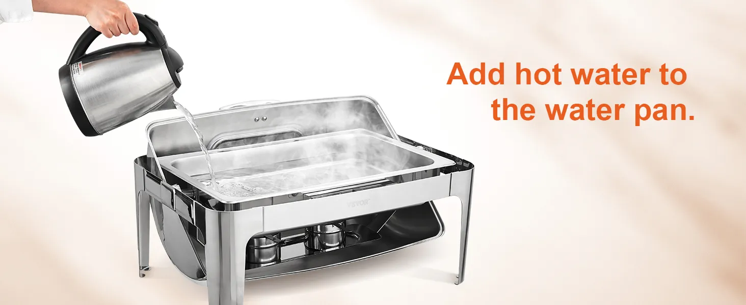 pouring hot water into the VEVOR chafing dish water pan, showing steam rising. orange text included.