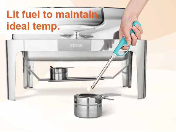 hand lighting the fuel of a VEVOR chafing dish to maintain the ideal temperature.