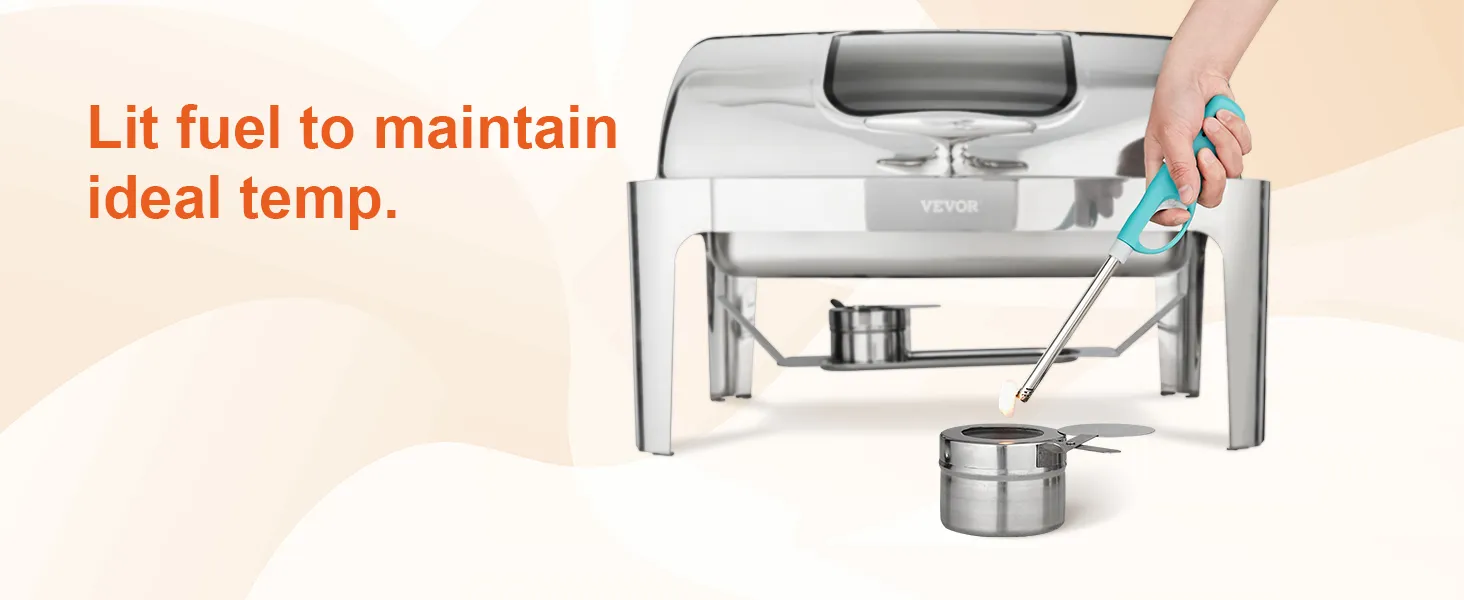 hand lighting the fuel of a VEVOR chafing dish to maintain the ideal temperature.