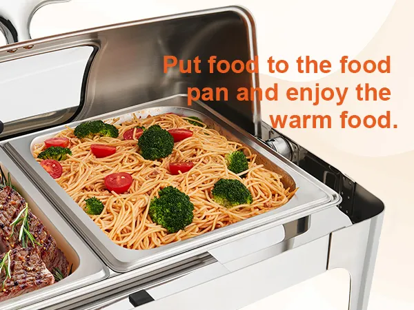 VEVOR chafing dish with pasta and steak, featuring a stainless steel lid and food pans.