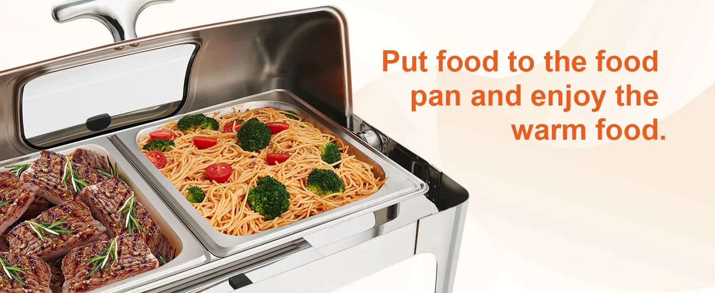 VEVOR chafing dish with pasta and steak, featuring a stainless steel lid and food pans.