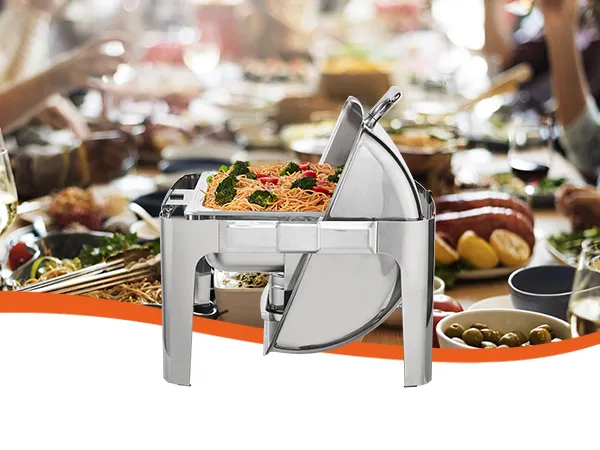 VEVOR chafing dish on a table with food, drinks, and gathered people in a festive setting.
