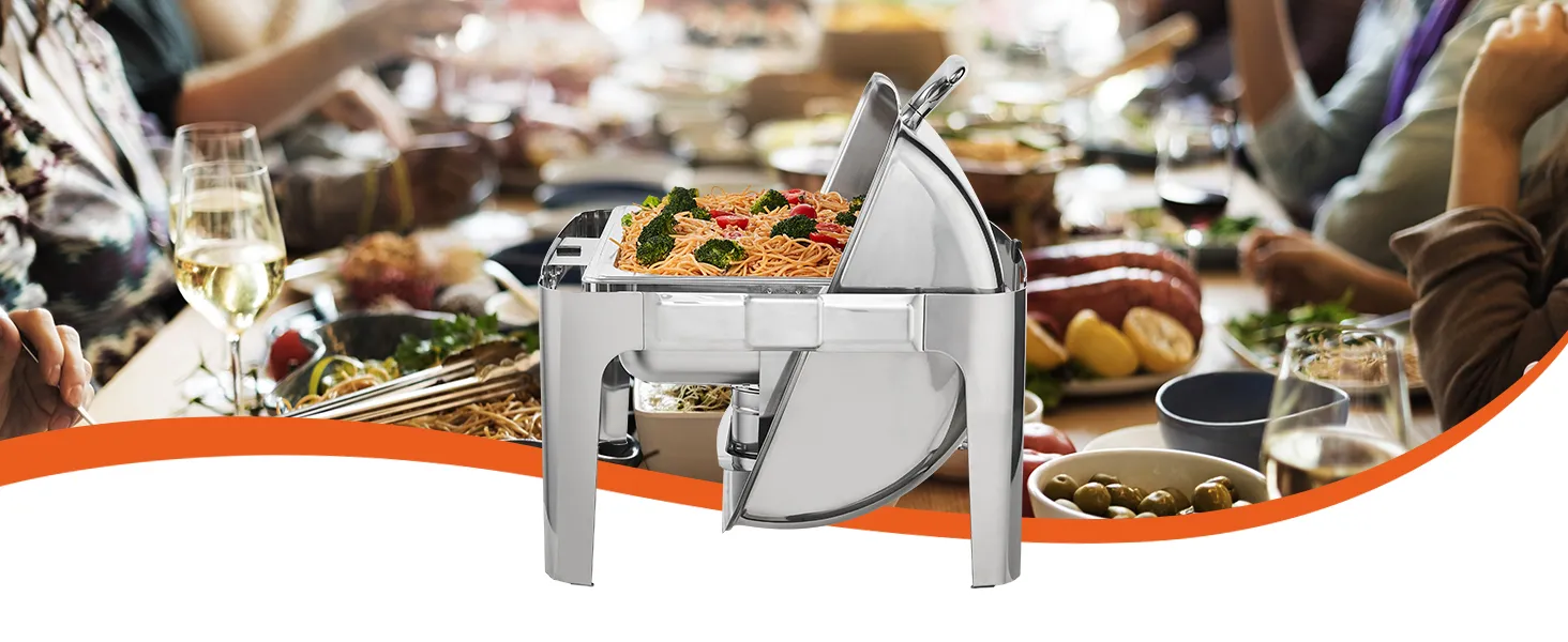 VEVOR chafing dish on a table with food, drinks, and gathered people in a festive setting.