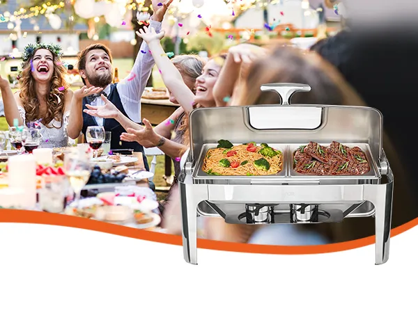 VEVOR chafing dish set up at an outdoor gathering, filled with pasta and meat dishes, surrounded by people.