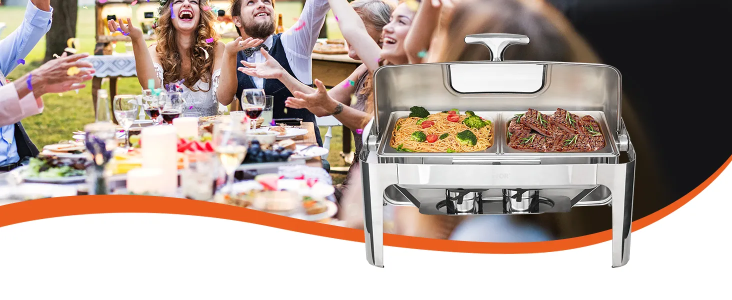 VEVOR chafing dish set up at an outdoor gathering, filled with pasta and meat dishes, surrounded by people.