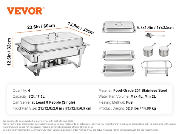 VEVOR chafing dish set, 8qt, stainless steel, serves 8 people, includes pans, fuel-based heating.