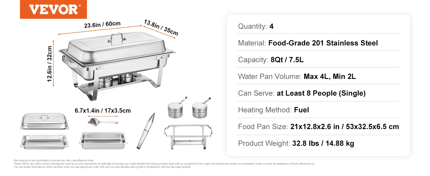 VEVOR chafing dish set, 8qt, stainless steel, serves 8 people, includes pans, fuel-based heating.