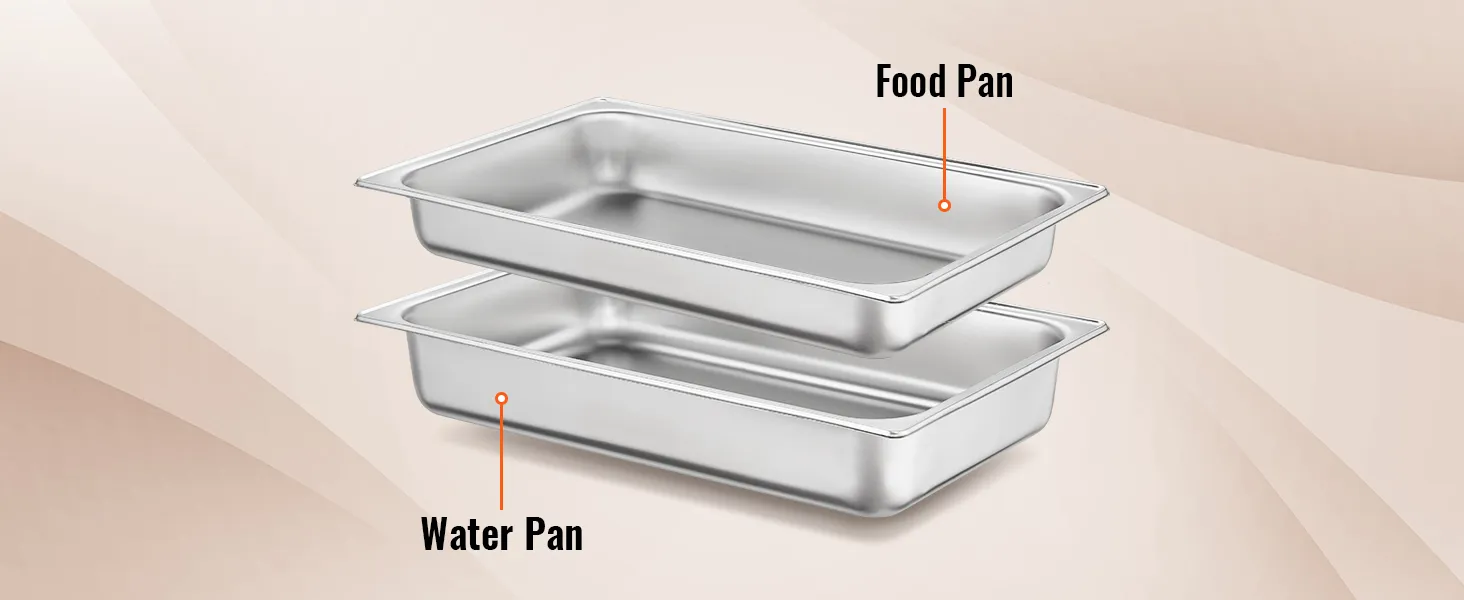 two stainless steel trays labeled "food pan" and "water pan" from VEVOR chafing dish set.