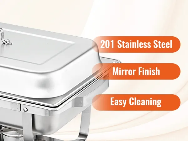 VEVOR chafing dish set with 201 stainless steel, mirror finish, and easy cleaning features.