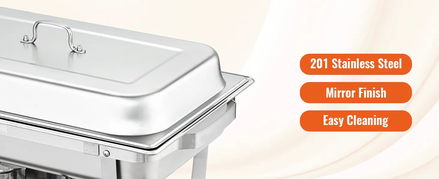 VEVOR chafing dish set with 201 stainless steel, mirror finish, and easy cleaning features.