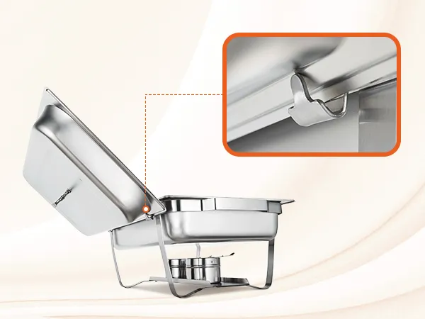 VEVOR chafing dish set with stainless steel frame, fuel holder, and lid lock detail.