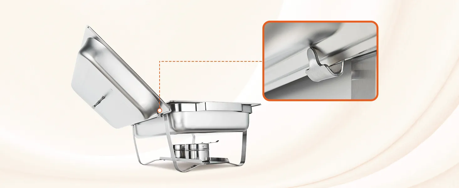 VEVOR chafing dish set with stainless steel frame, fuel holder, and lid lock detail.