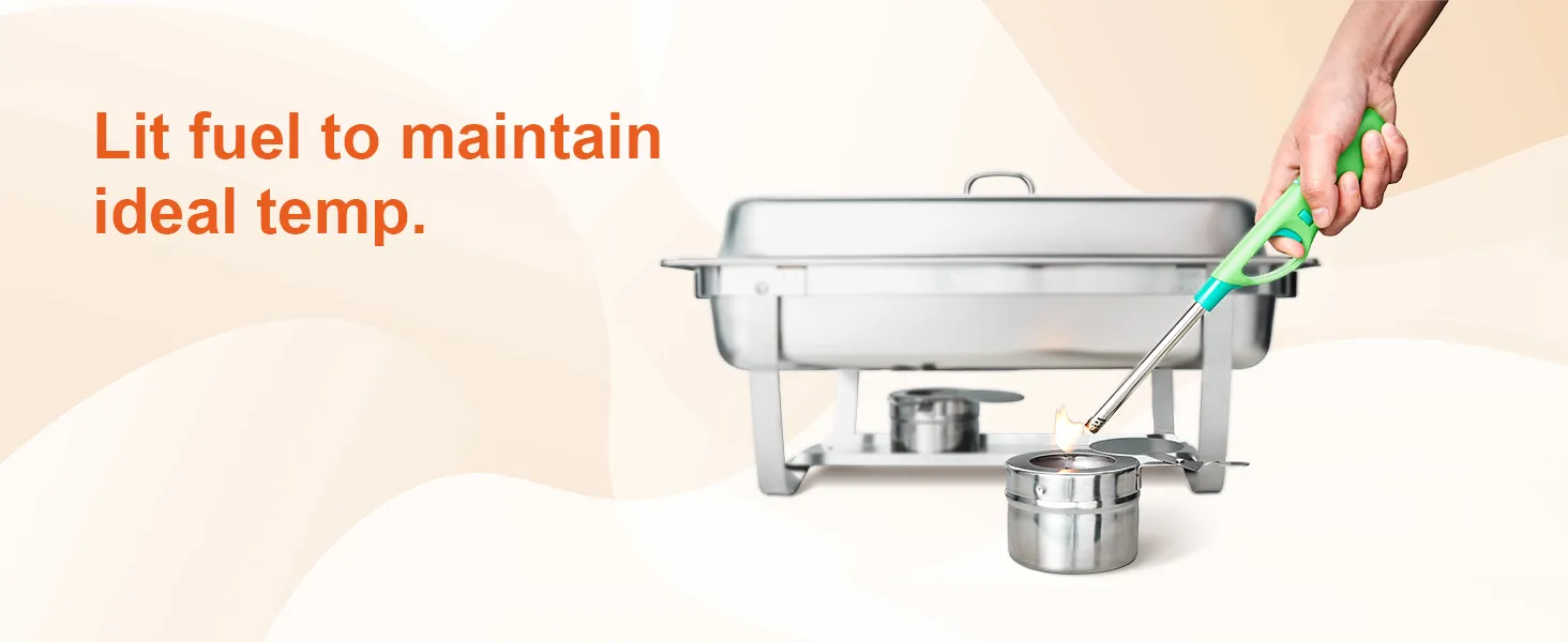 hand lighting fuel under VEVOR chafing dish set to maintain ideal temperature, with off-white background.