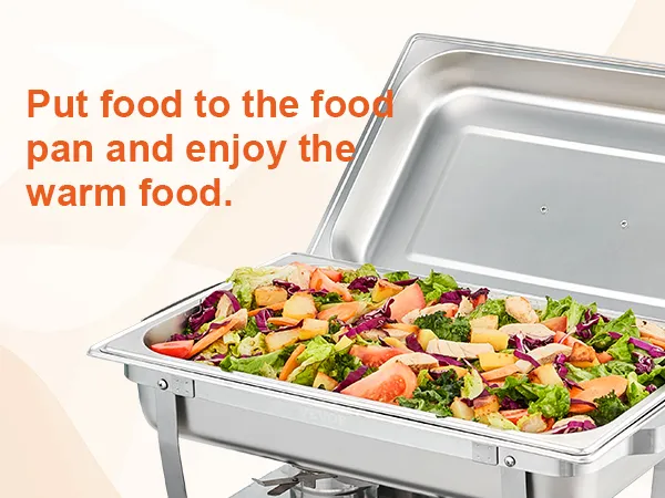 VEVOR chafing dish set with food pan filled with a fresh, colorful salad under the open lid.