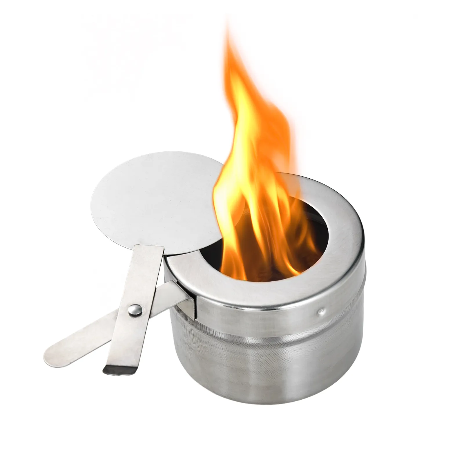 stainless steel VEVOR chafing dish fuel holder with burning flame and lid.