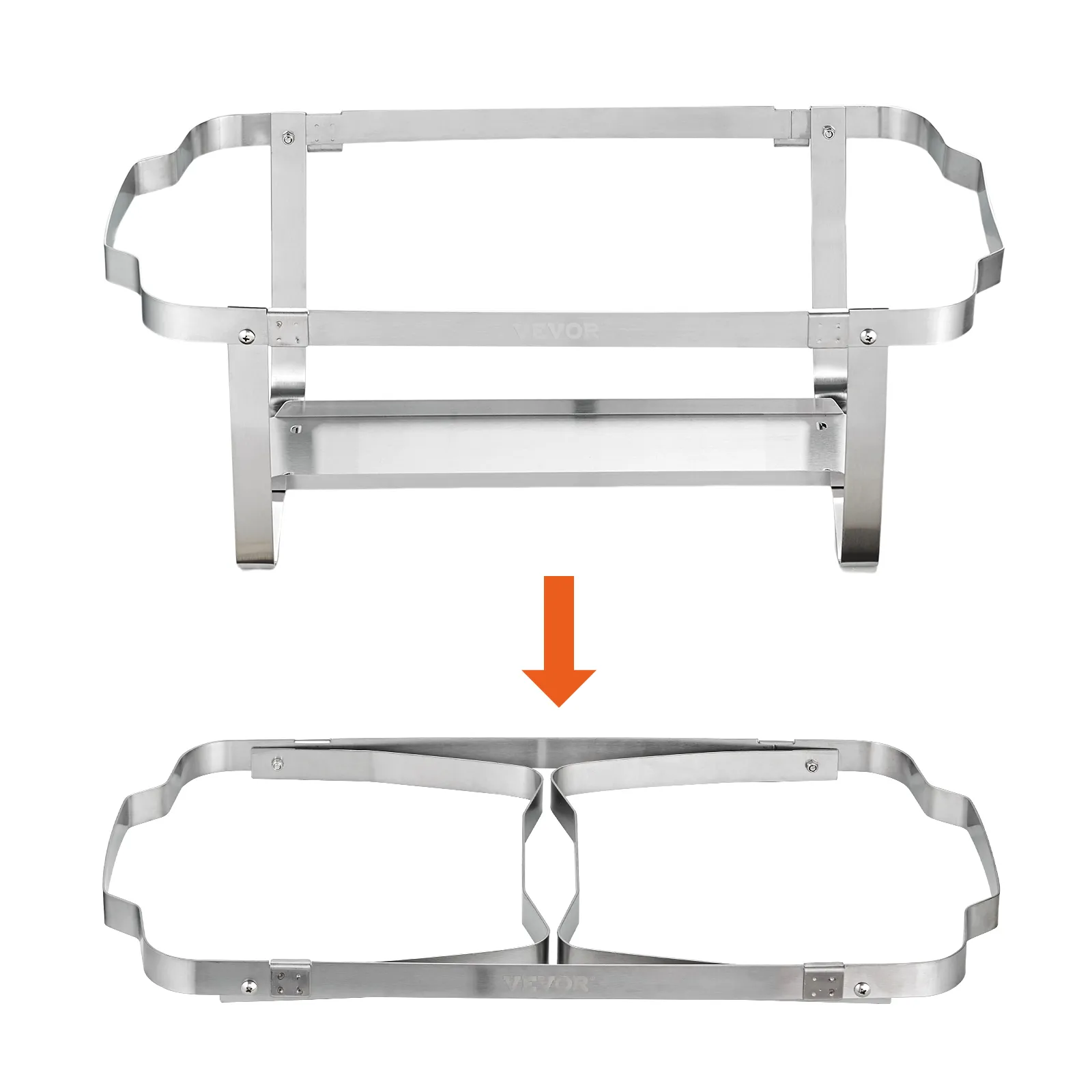stainless steel VEVOR chafing dish set frame, foldable design with arrow indicating folding mechanism.