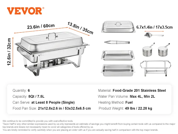 VEVOR chafing dish set, stainless steel, 8qt, serves 8, includes pans, lids, fuel holders, and serving spoon.