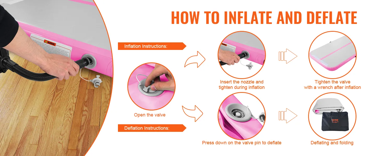 how to inflate and deflate VEVOR gymnastics air mat instructions with images on wooden floor.