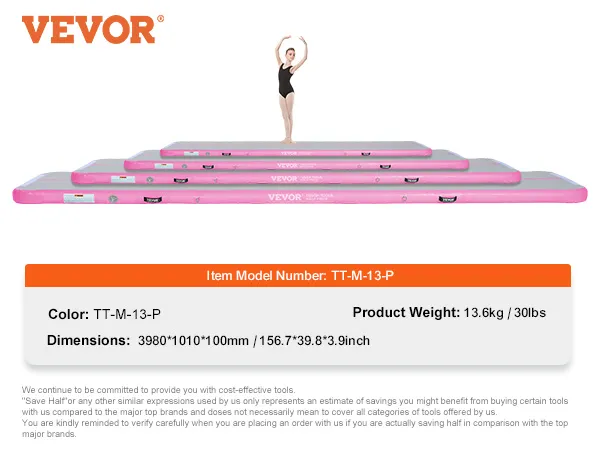 VEVOR gymnastiekmat in roze, model tt-m-13-p, met een turnster staand op matten van verschillende afmetingen.