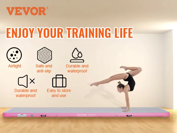 turnster die een handstand uitvoert op een VEVOR gymnastiekmat, met luchtdichte, antislip- en waterdichte eigenschappen.