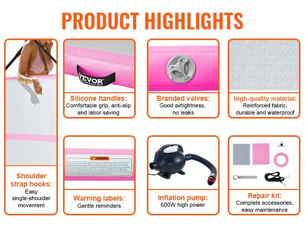 VEVOR gymnastiekmat met siliconen handvatten, merkventielen, hoogwaardig materiaal en reparatieset.