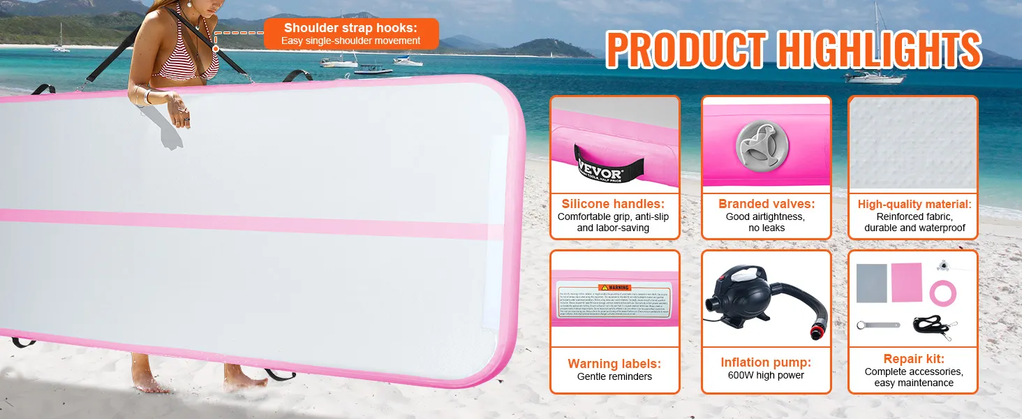 VEVOR gymnastics air mat with silicone handles, branded valves, high-quality material, and repair kit.