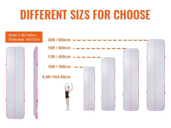 VEVOR gymnastiekmatmaten: 1,62 m, 3,02 m, 4,92 m en 6,12 m. Breedte: 1,01 m, dikte: 10 cm.