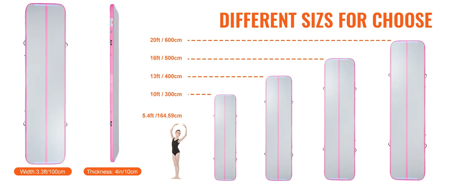 VEVOR gymnastics air mat sizes 5.4ft, 10ft, 13ft, 16ft, and 20ft. width: 3.3ft, thickness: 4in.