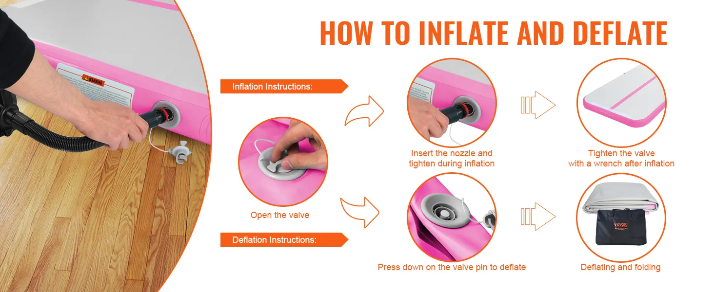 how to inflate and deflate a VEVOR gymnastics air mat: insert nozzle, open valve, tighten valve, press pin.