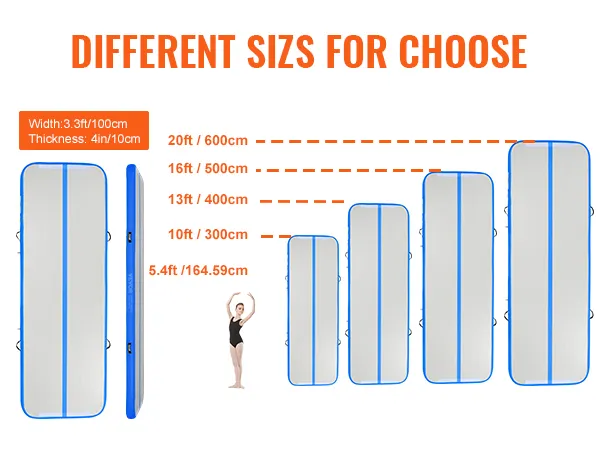 VEVOR-Luftmatten für Gymnastik sind in verschiedenen Größen erhältlich: 20 Fuß, 16 Fuß, 13 Fuß, 10 Fuß und 5,4 Fuß mit 3,3 Fuß Breite.