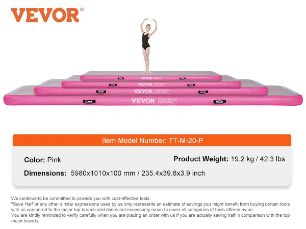 Roze VEVOR gymnastiekmat, model tt-m-20-p, 19,2 kg, afmetingen 5980x1010x100 mm, met turnster.