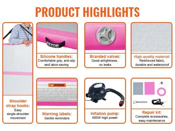 Belangrijkste kenmerken van de VEVOR gymnastiekmat: siliconen handgrepen, merkventielen, hoogwaardige materialen en meer.