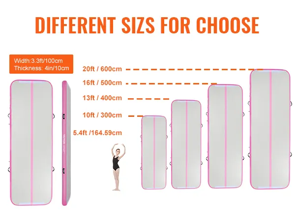 Verschillende maten VEVOR gymnastiekmat: 20ft, 16ft, 13ft, 10ft en 5,4ft, met een breedte van 3,3ft en een dikte van 4 inch.