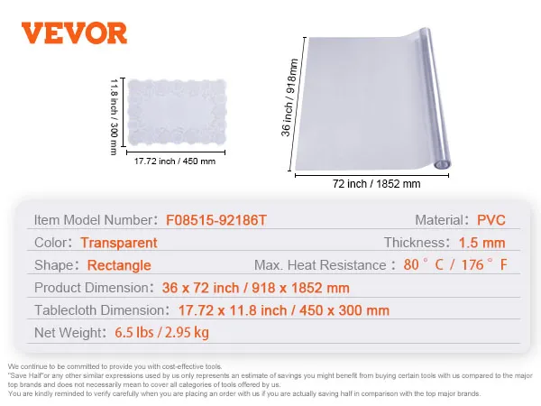 Mantel transparente VEVOR, pvc transparente, 1,5 mm de grosor, 36 x 72 pulgadas. Incluye mantel de encaje de 17,72 x 11,8 pulgadas.