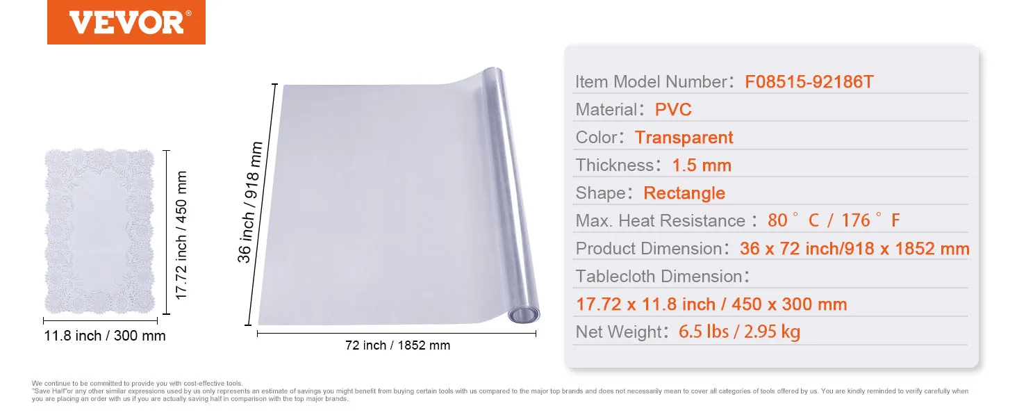 Mantel transparente VEVOR, pvc transparente, 1,5 mm de grosor, 36 x 72 pulgadas. Incluye mantel de encaje de 17,72 x 11,8 pulgadas.