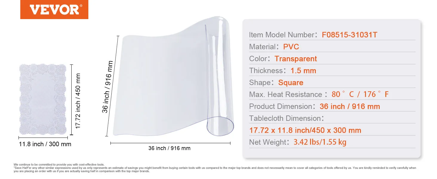 VEVOR table cover protector, transparent pvc, 1.5mm thick, 36x36 inches, heat resistant to 176°f.