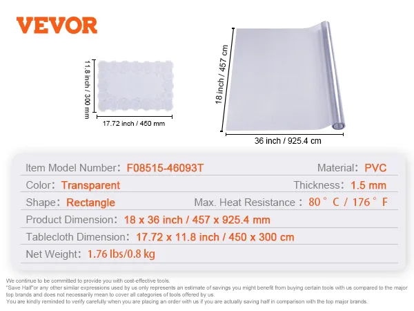 Cubierta de mesa transparente VEVOR, pvc, 1,5 mm de espesor, 18 x 36 pulgadas, cubierta rectangular transparente.