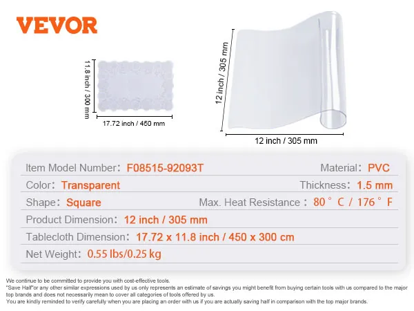 Protector de mesa transparente VEVOR, pvc, transparente, 1,5 mm de grosor, dimensiones 12 x 11,8 pulgadas.