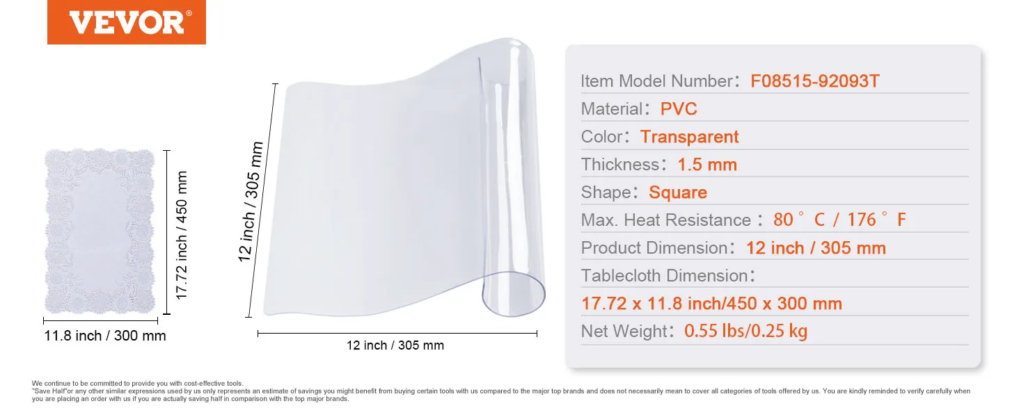 Protector de mesa transparente VEVOR, pvc, transparente, 1,5 mm de grosor, dimensiones 12 x 11,8 pulgadas.